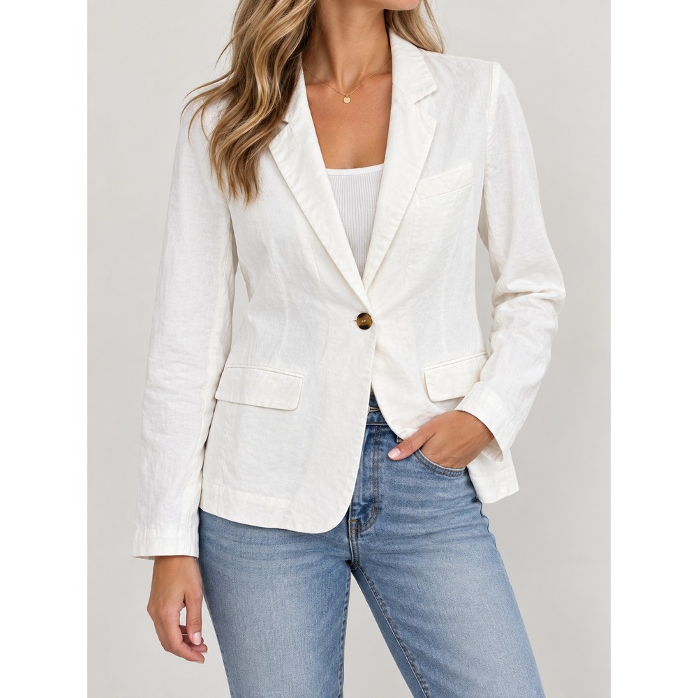 Love Tree White Linen Blend Blazer Jacket Large Single Button Professional Chic